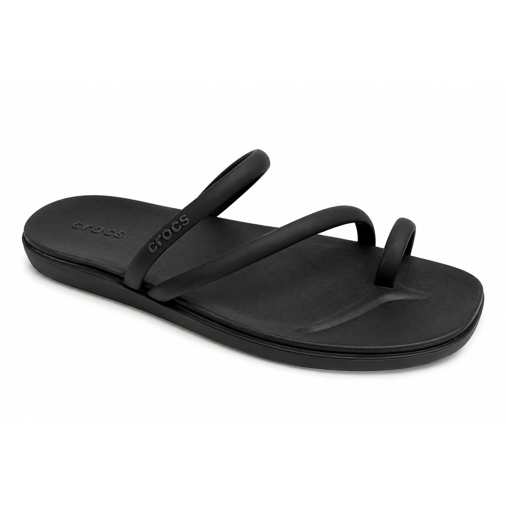 Crocs Size 8 Miami Toe Loop Sandals Strappy Black Square Minimalist Slides Sleek